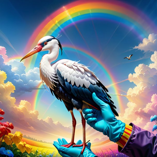 Drawing of a stork in a gloves on the rainbow