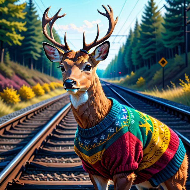 Drawing of a deer in a sweater on the railway tracks