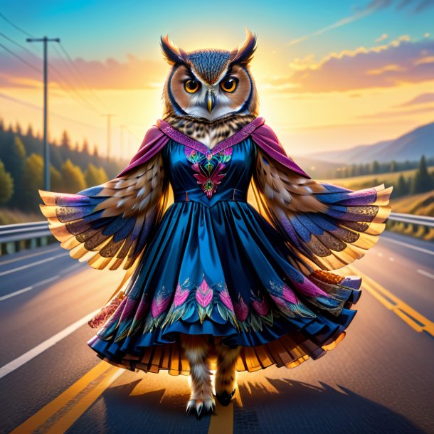 Drawing of a owl in a dress on the highway