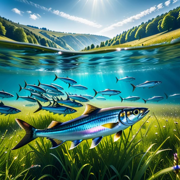 Photo of a swimming of a sardines in the meadow