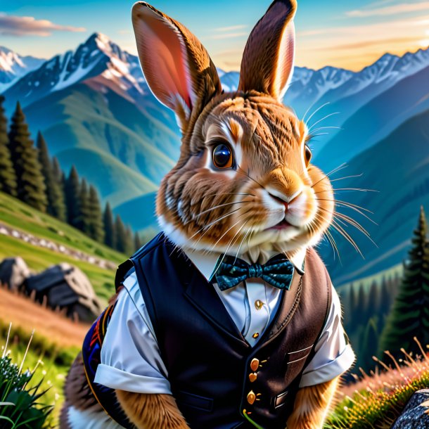 Photo of a rabbit in a vest in the mountains