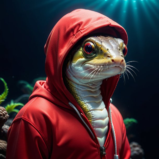 Photo of a eel in a red hoodie