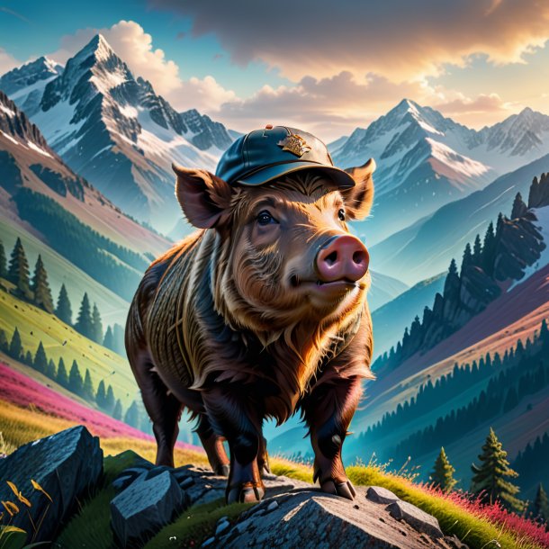 Image of a boar in a cap in the mountains