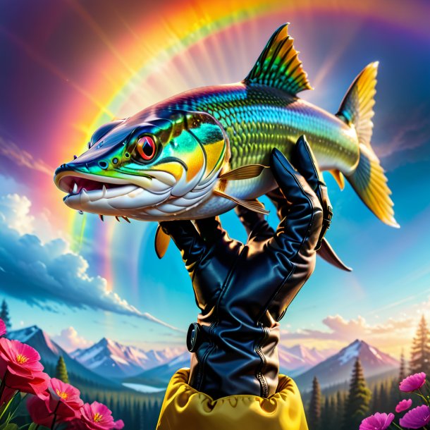 Photo of a pike in a gloves on the rainbow