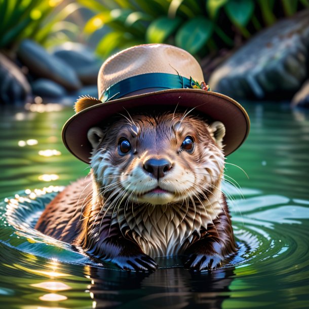 Foto de una nutria en un sombrero en el agua