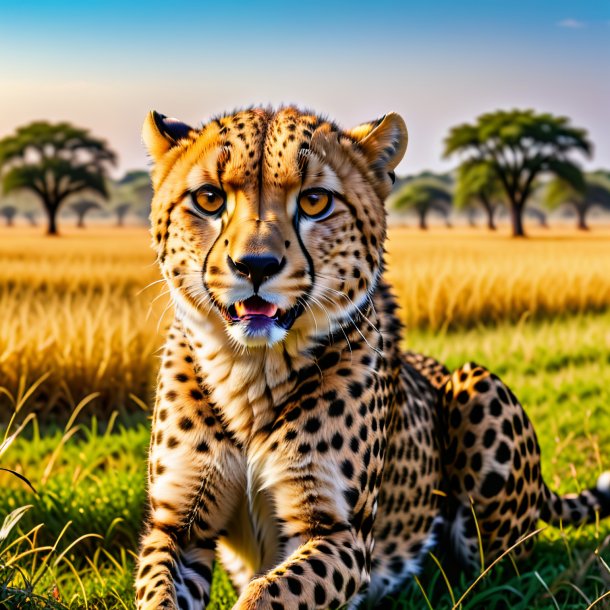 Image of a drinking of a cheetah on the field