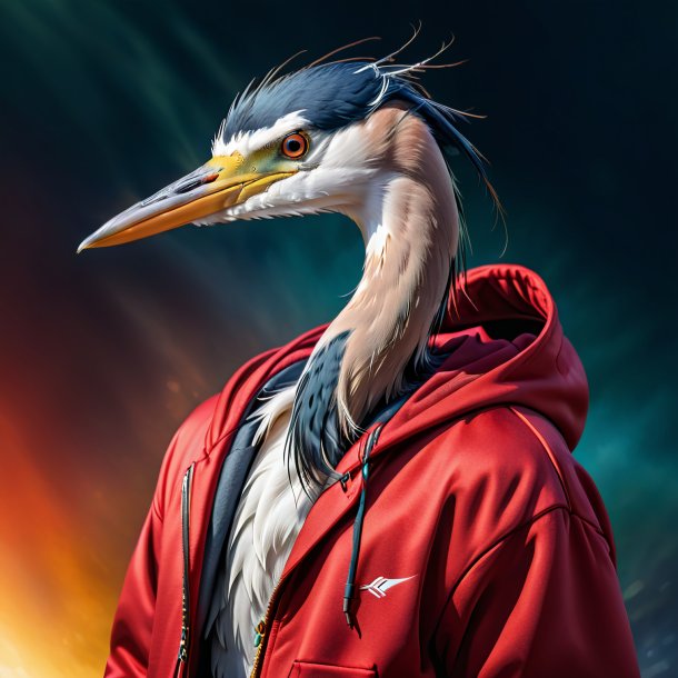 Image of a heron in a red hoodie