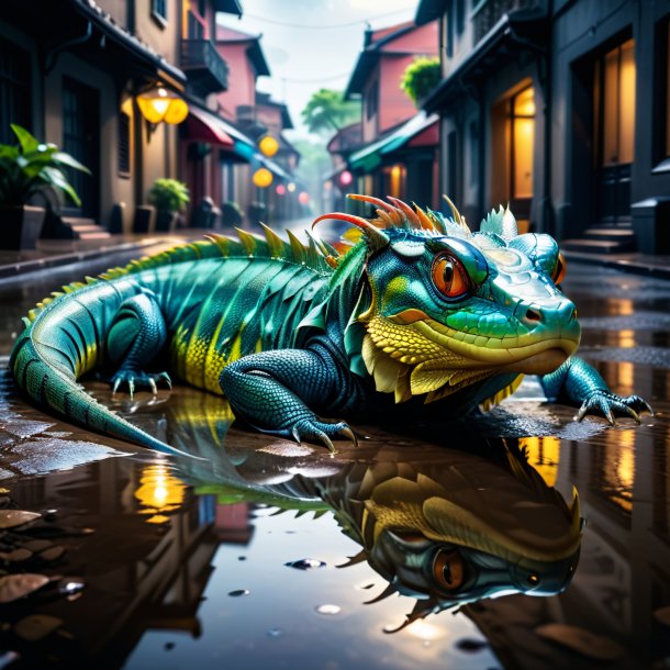 Photo of a resting of a basilisk in the puddle