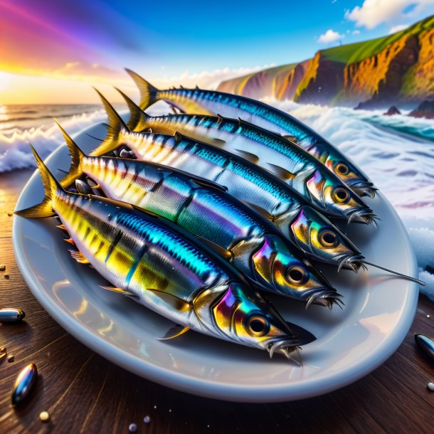 Foto de una sardina en un abrigo sobre el arco iris