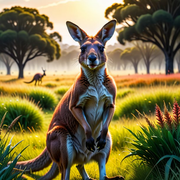 Photo of a threatening of a kangaroo in the meadow