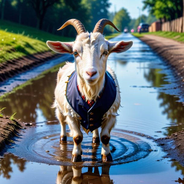 Foto de uma cabra em um colete na poça