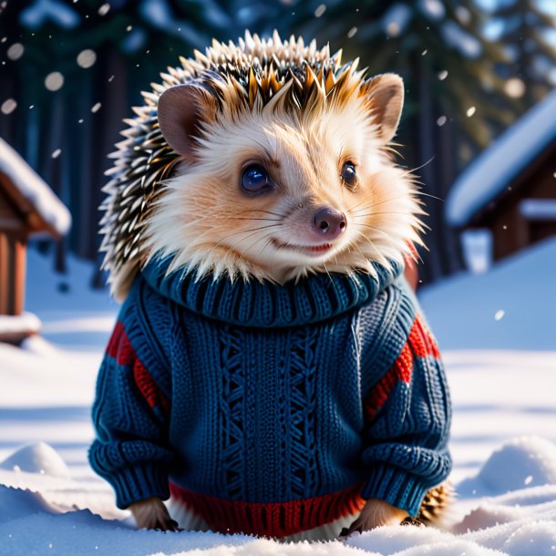 Picture of a hedgehog in a sweater in the snow