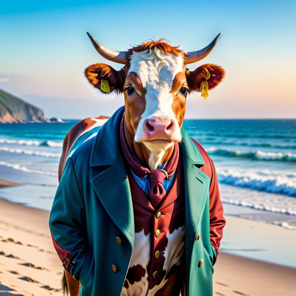 Picture of a cow in a coat on the beach