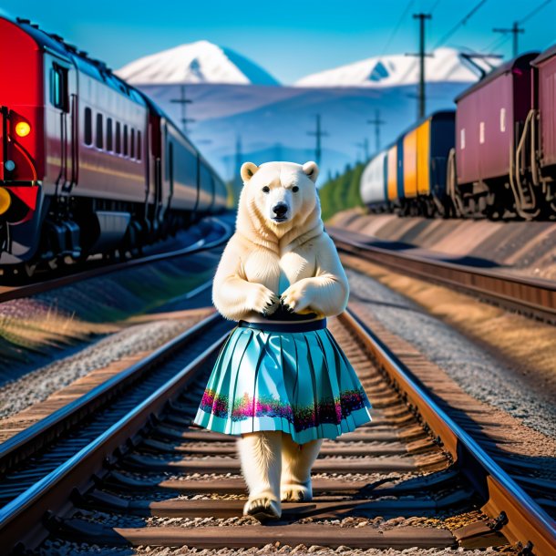 Image of a polar bear in a skirt on the railway tracks