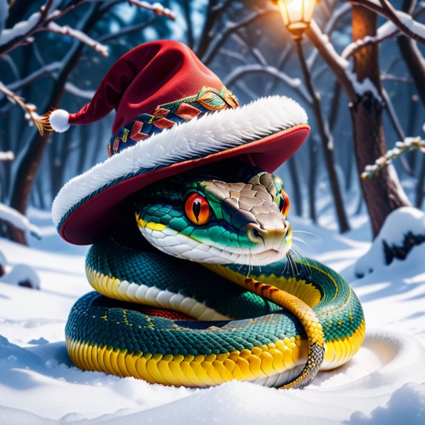 Photo of a snake in a hat in the snow