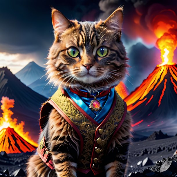 Image of a cat in a vest in the volcano