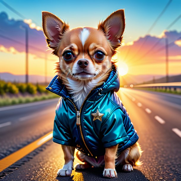 Foto de un chihuahua en una chaqueta en la carretera