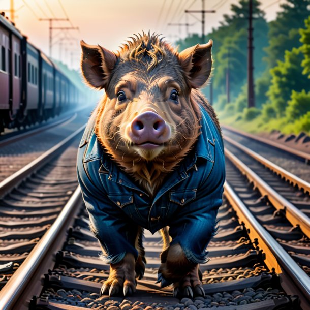 Image of a boar in a jeans on the railway tracks