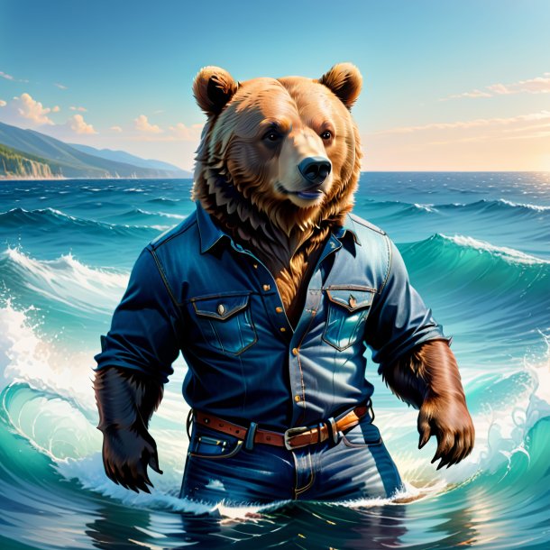 Drawing of a bear in a jeans in the sea