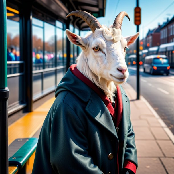 Pic of a goat in a coat on the bus stop