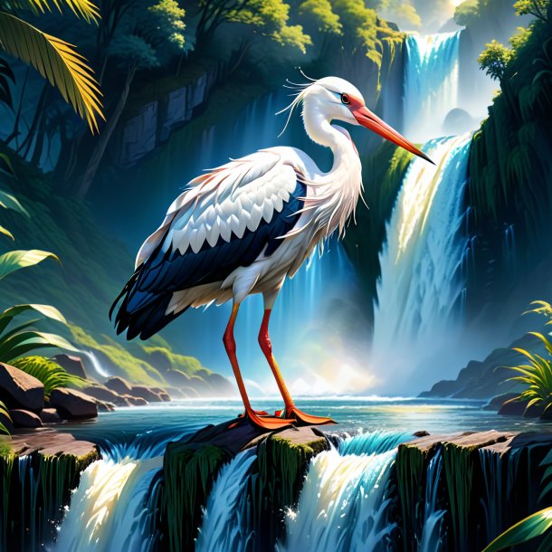 Illustration of a stork in a jeans in the waterfall