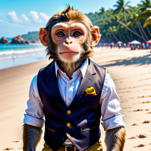 Pic d'un singe dans un gilet sur la plage