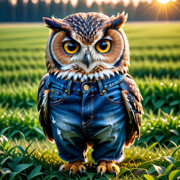 Foto de un búho en un jeans en el campo