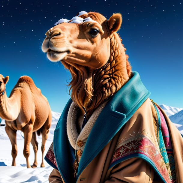 Pic of a camel in a coat in the snow