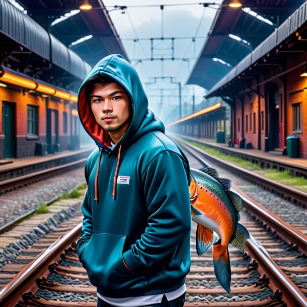 Picture of a salmon in a hoodie on the railway tracks