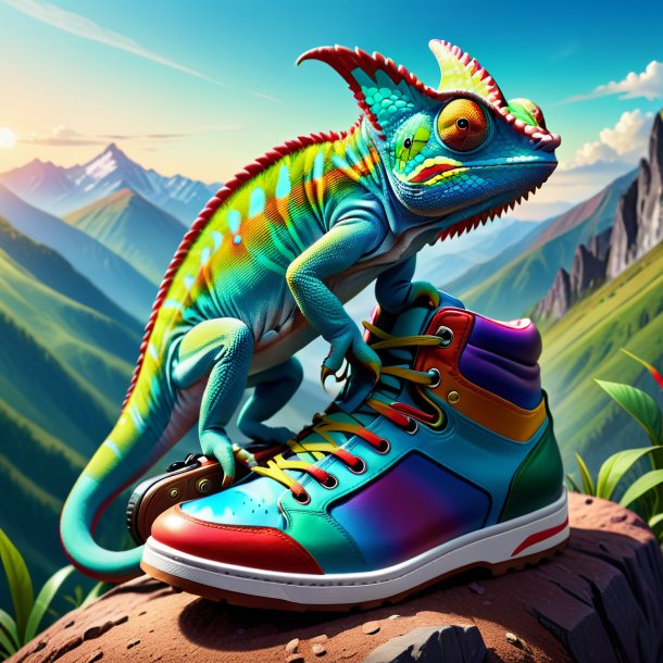 Illustration of a chameleon in a shoes in the mountains