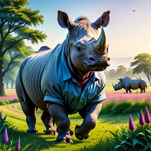 Photo of a rhinoceros in a trousers in the meadow