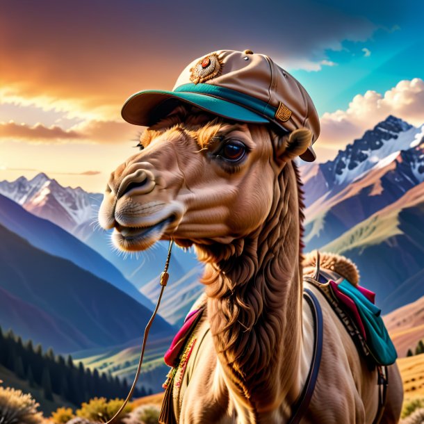 Pic of a camel in a cap in the mountains