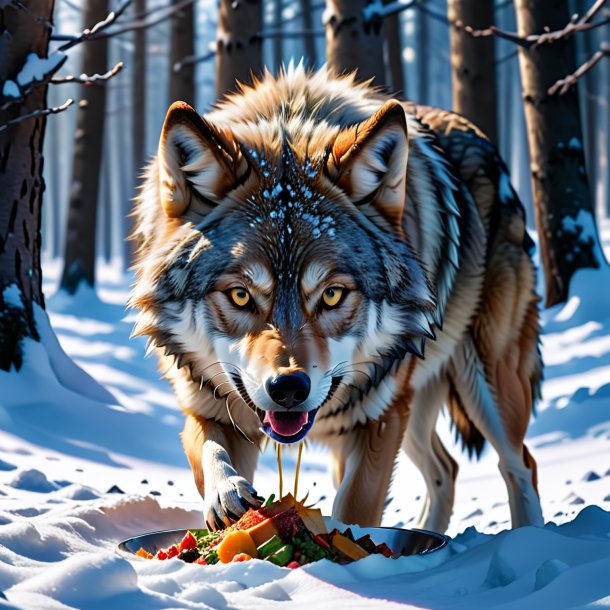 Photo of a eating of a wolf in the snow