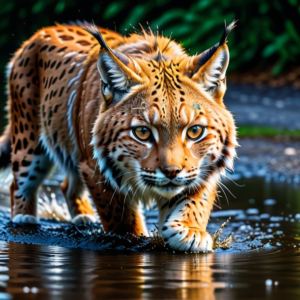 Picture of a swimming of a lynx in the puddle