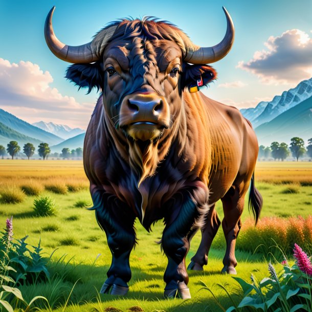 Picture of a buffalo in a trousers on the field