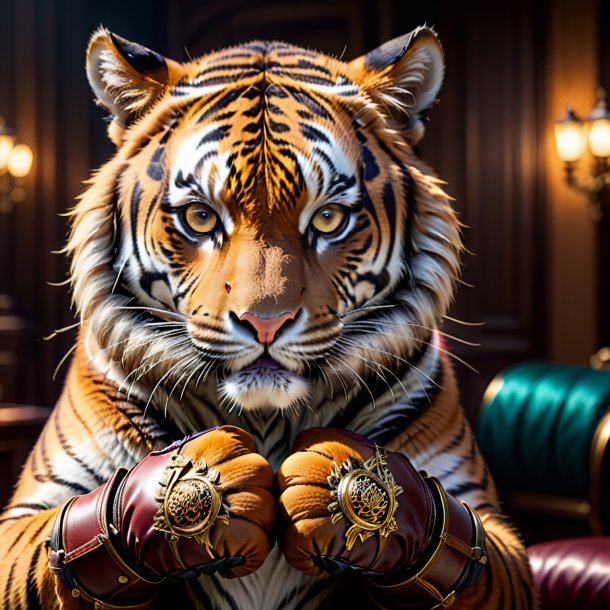 Picture of a tiger in a brown gloves