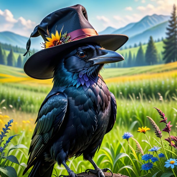 Image of a crow in a hat in the meadow