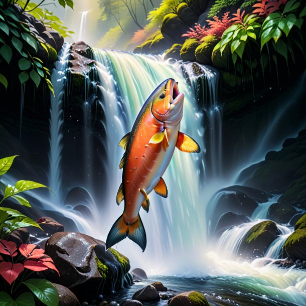 Pic of a salmon in a gloves in the waterfall