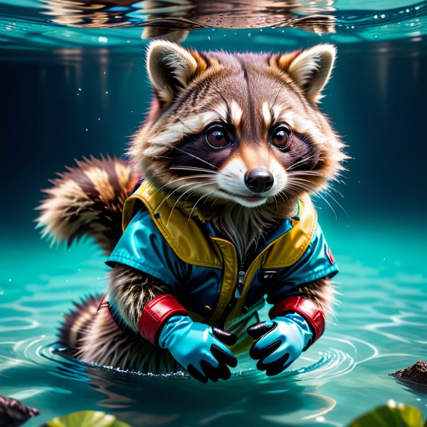 Photo of a raccoon in a gloves in the water