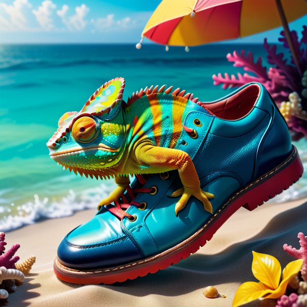 Picture of a chameleon in a shoes in the sea