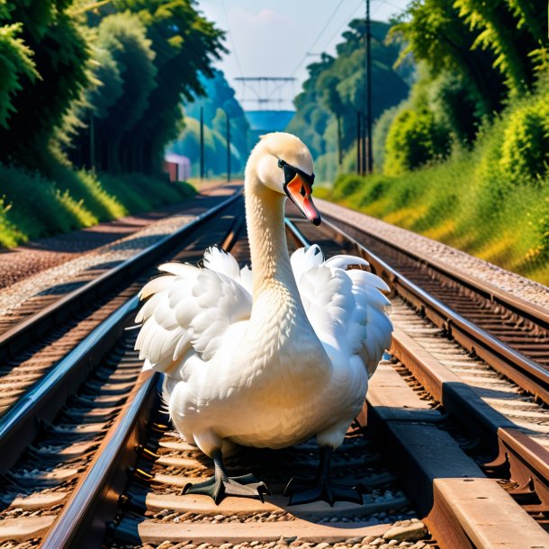 Photo of a resting of a swan on the railway tracks