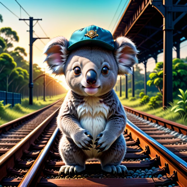 Illustration of a koala in a cap on the railway tracks