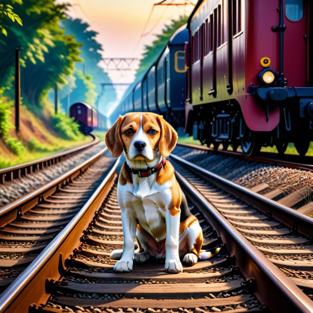 Image of a waiting of a beagle on the railway tracks