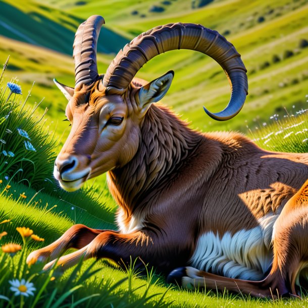 Picture of a sleeping of a ibex in the meadow