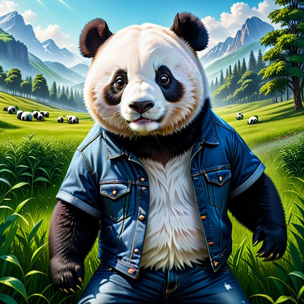 Illustration of a giant panda in a jeans in the meadow