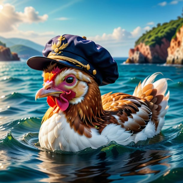 Foto de una gallina en una gorra en el mar