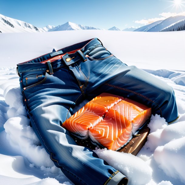 Photo of a salmon in a jeans in the snow