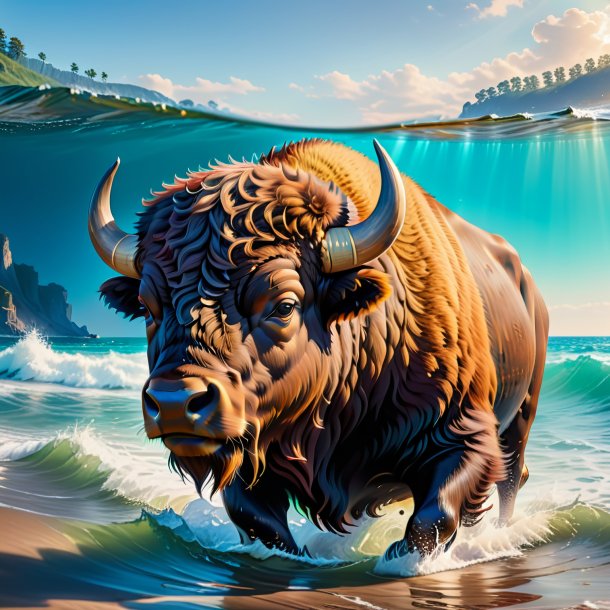 Picture of a bison in a cap in the sea