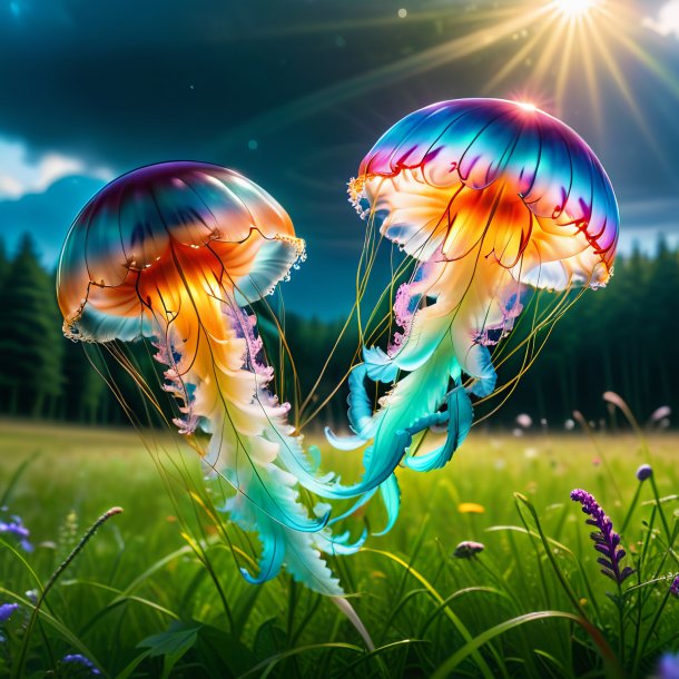 Photo of a jumping of a jellyfish in the meadow