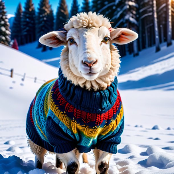 Photo of a sheep in a sweater in the snow